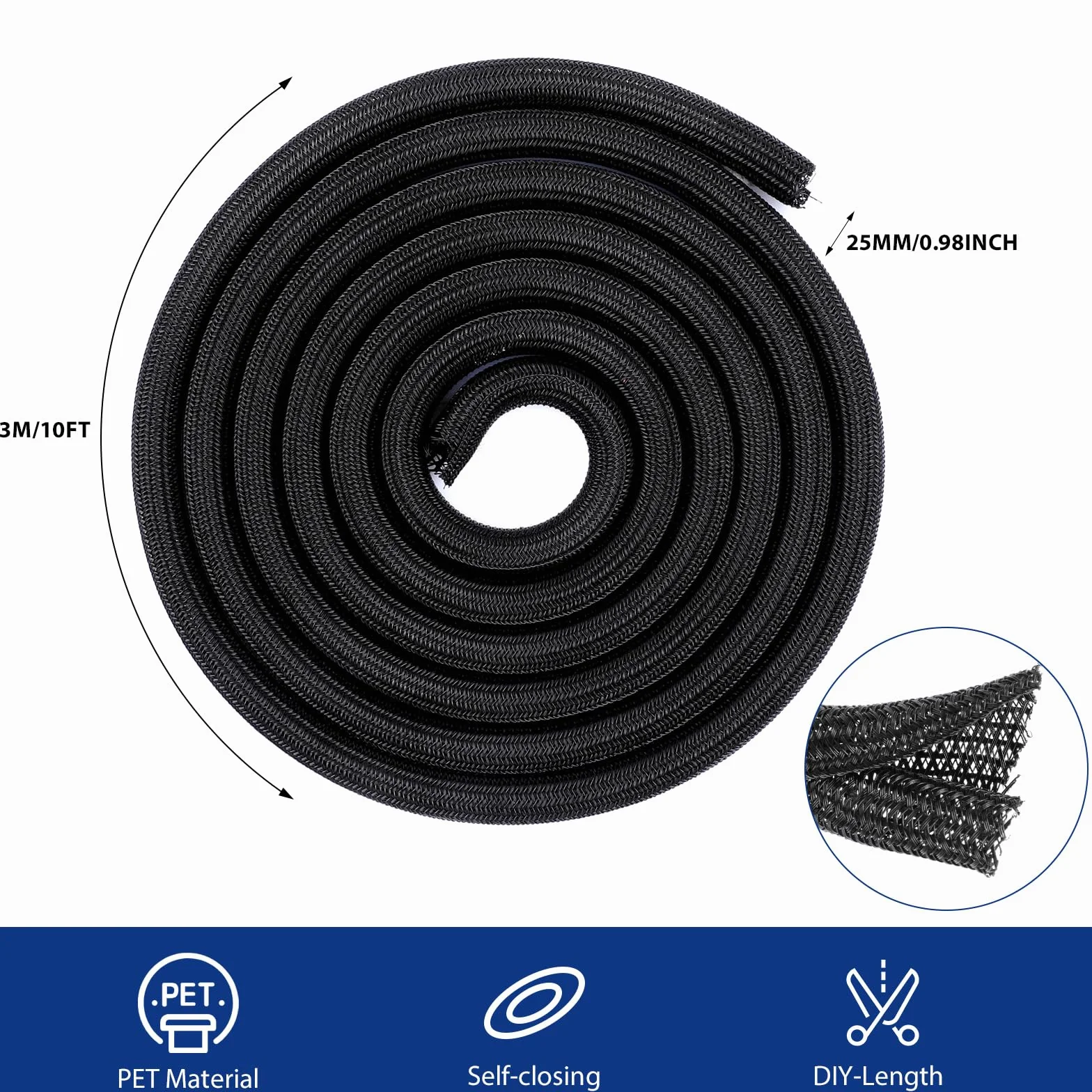 Romon 3m Guaina Cavi Intrecciata, 25-32 mm Flessibile Self-closing Raccogli Cavis, Tagliabile Nascondi Cable Management, Espandibile Copri Cables Elettrici per TV Computer Ufficio Casa Auto- Nero