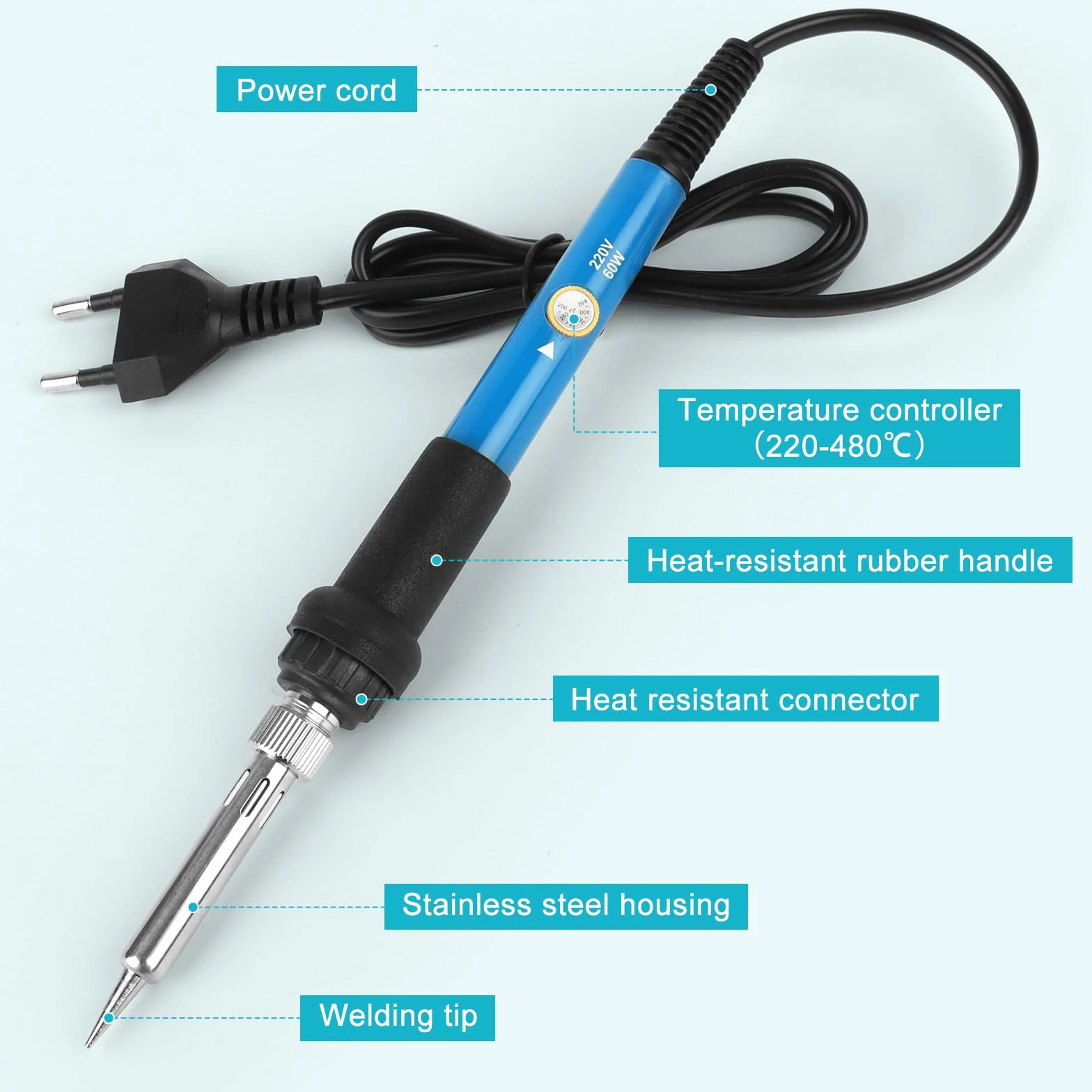 Saldatore Kit Professionale 60W Temperatura Regolabile 220-480°C con 5 Punte Saldatura Stagno