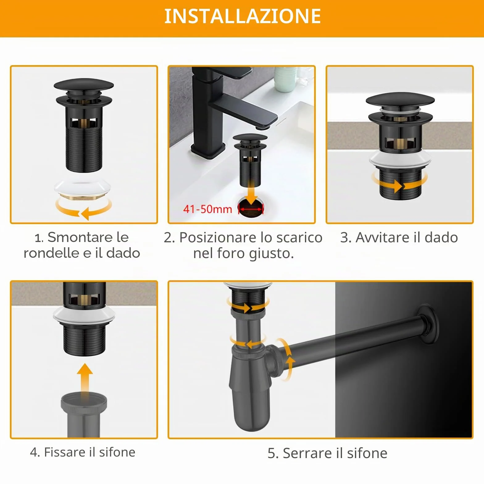 Ibergrif M20502B Tappo di scarico per bagno a scomparsa con troppopieno zincato nero coperchio grande Taglia M