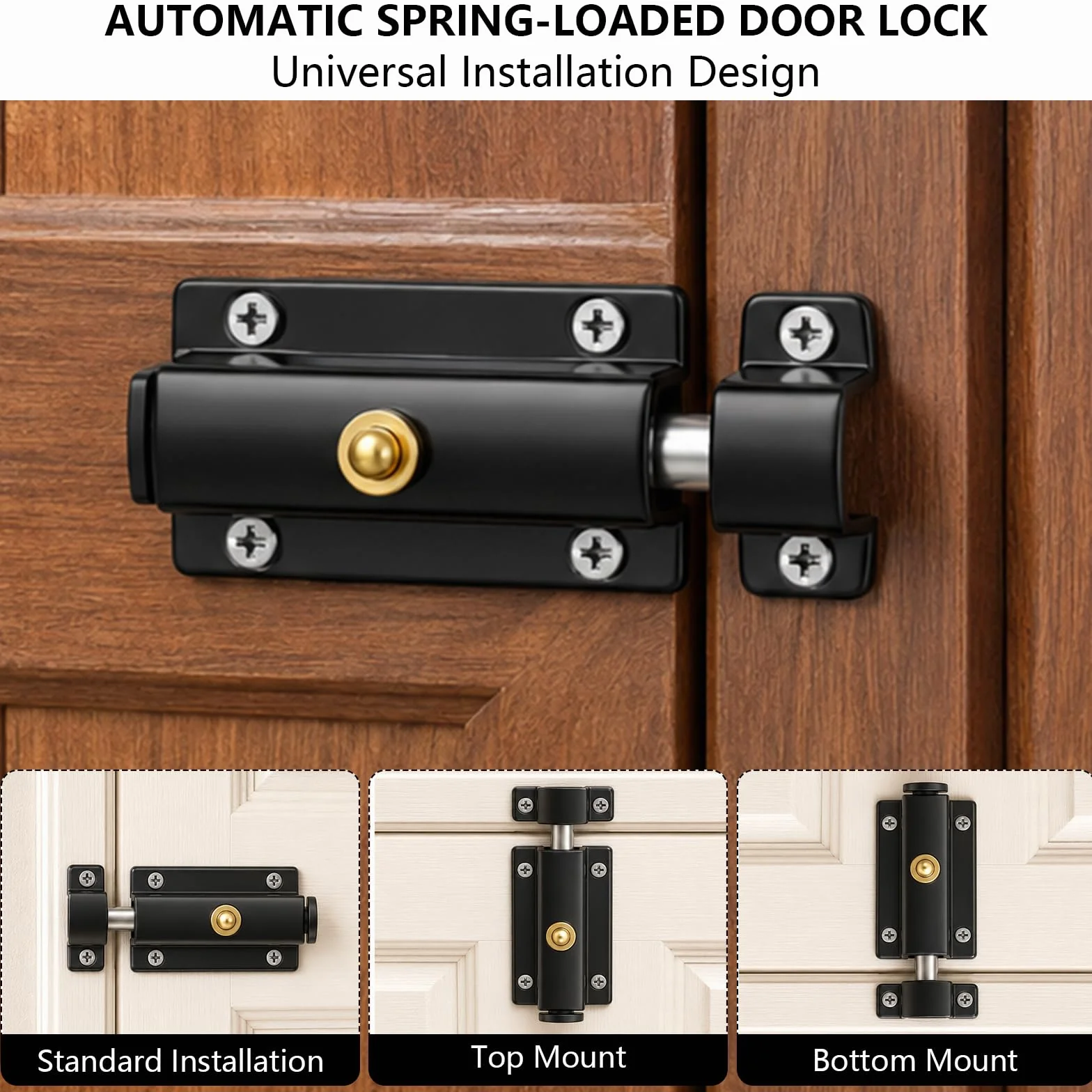 Chiavistello Porta 3 Pollici Acciaio Inox Serratura con Pulsante di Rame Chiusura Automatica a Molla Universale Sinistra Nero 4 Pezzi