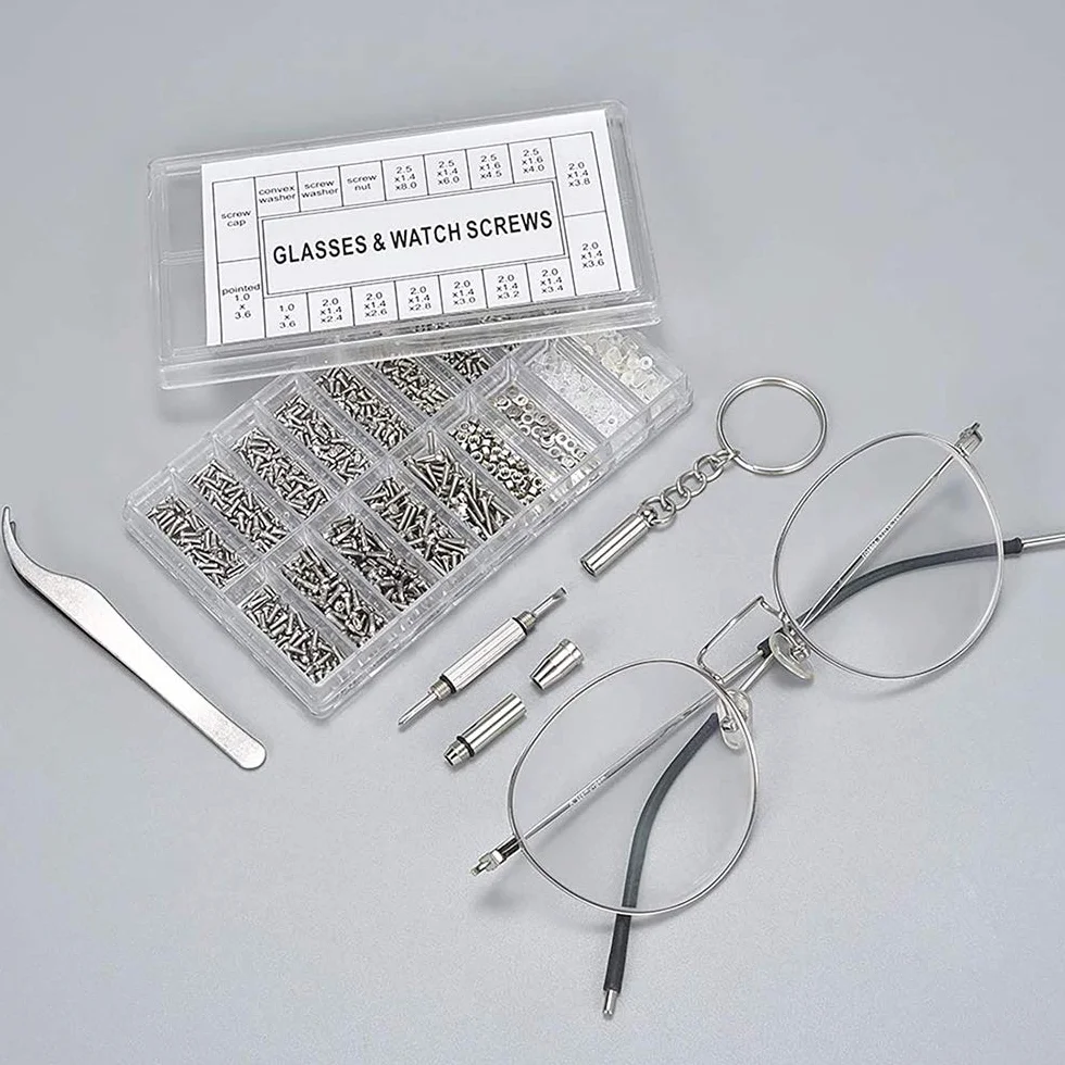 MMOBIEL 1000 pezzi in acciaio inox, micro viti, dadi, rondelle, occhiali da sole, set di riparazione con cacciavite e pinzette in metallo
